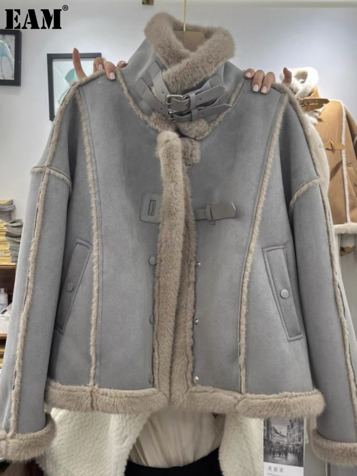 {EAM} Senior sense stand-up collar motorcycle coat women's winter with fleece thickened fur one lamb wool style blouse DLZ423