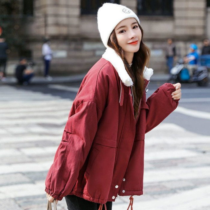 {EAM} Lamb wool cotton-padded women's winter plus cashmere thickening new Korean version of students loose to overcome cotton-padded coat DLZ422