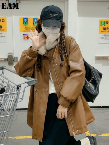 {EAM} Hong Kong vintage plus velvet thick leather coat to overcome the coat women's winter new coffee color cotton-padded jacket DLZ421