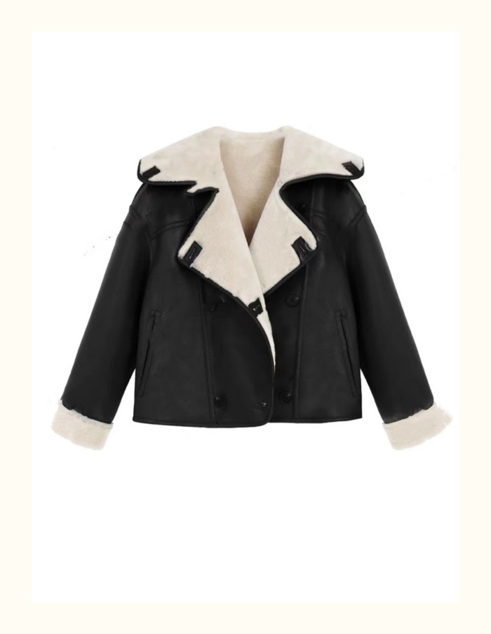 {EAM} Cool sa handsome 2025 autumn and winter new coat female lapel splicing color button loose age cover meat shirt DLZ418