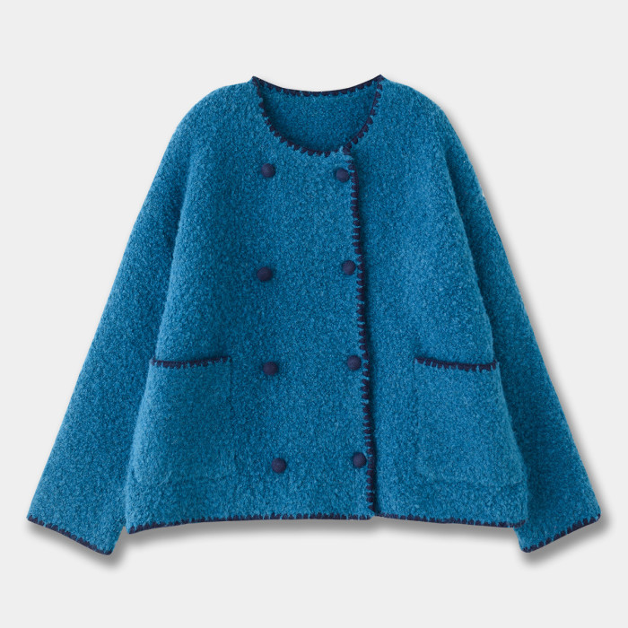 {EAM} 25 Autumn and winter new sweet wind Maillard soft waxy milk fu round neck double breasted short coat DLZ428