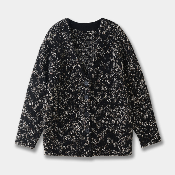 {EAM} Loose version type herringbone texture blend knit cardigan V-neck loose coat 24 autumn new DLZ430