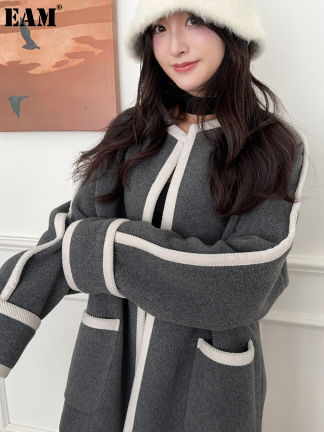 {EAM} Wool coat 25 new winter color contrast gray light warm coat wool gray knit loose coat DLZ429