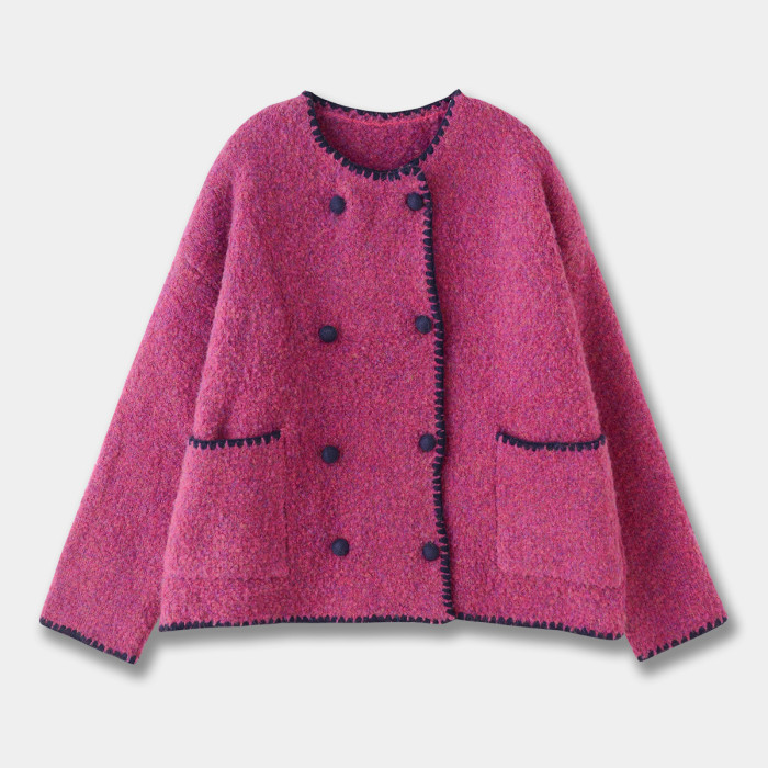 {EAM} 25 Autumn and winter new sweet wind Maillard soft waxy milk fu round neck double breasted short coat DLZ428
