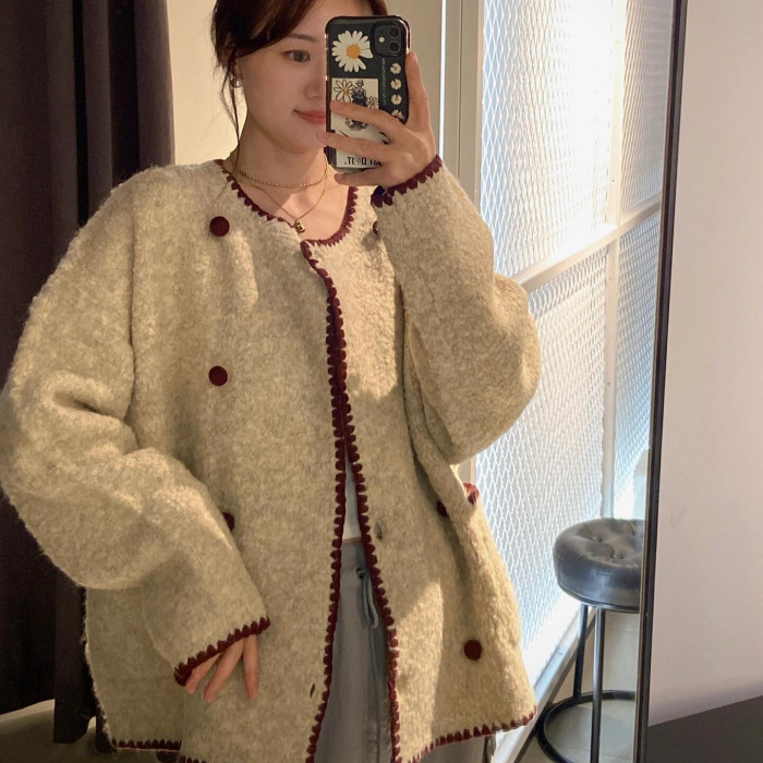 {EAM} 25 Autumn and winter new sweet wind Maillard soft waxy milk fu round neck double breasted short coat DLZ428
