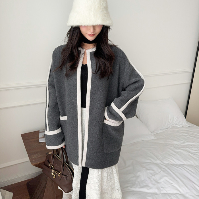 {EAM} Wool coat 25 new winter color contrast gray light warm coat wool gray knit loose coat DLZ429