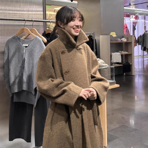 {EAM} Wool coat women's stand collar thick long lace-up bathrobe woolen coat silhouette loose coat DLZ427