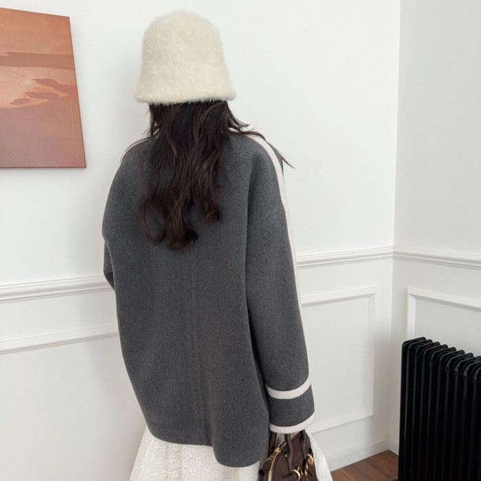 {EAM} Wool coat 25 new winter color contrast gray light warm coat wool gray knit loose coat DLZ429