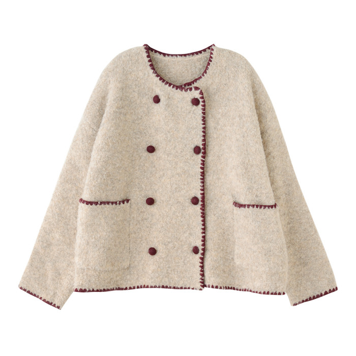 {EAM} 25 Autumn and winter new sweet wind Maillard soft waxy milk fu round neck double breasted short coat DLZ428