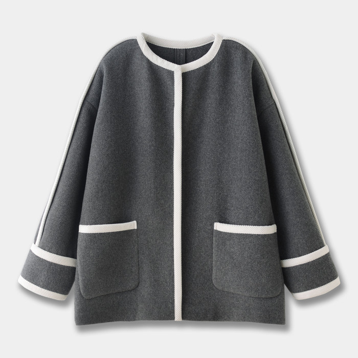 {EAM} Wool coat 25 new winter color contrast gray light warm coat wool gray knit loose coat DLZ429