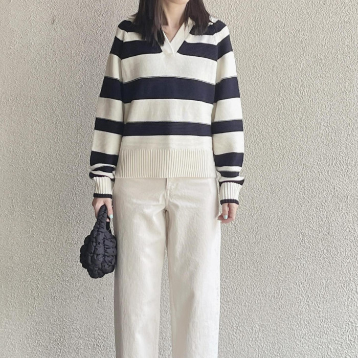 {EAM} Wool blend sports striped knitwear POLO24 autumn new collection DLZ432