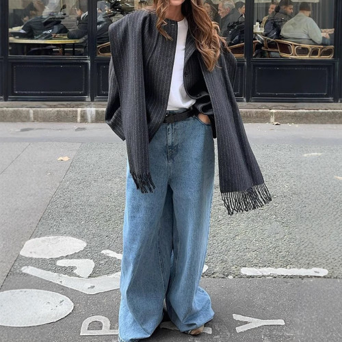 {EAM} Striped suit scarf jacket Europe and the United States cross-border autumn new feminine elegant commuter long-sleeved coat DLZ438