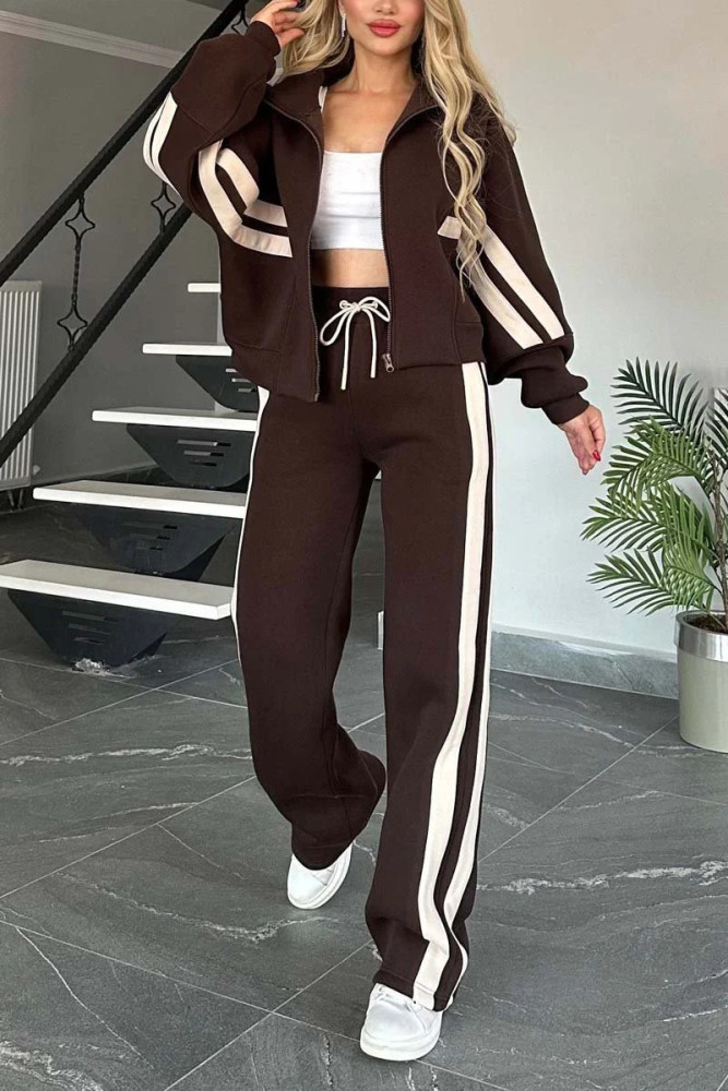 {EAM} 2025 Europe and the United States cross-border Amazon autumn foreign trade Y2K striped zipper top coat casual sports suit DLZ435