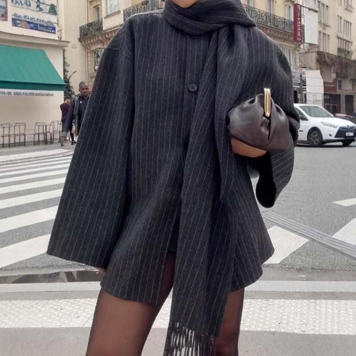 {EAM} Striped suit scarf jacket Europe and the United States cross-border autumn new feminine elegant commuter long-sleeved coat DLZ438