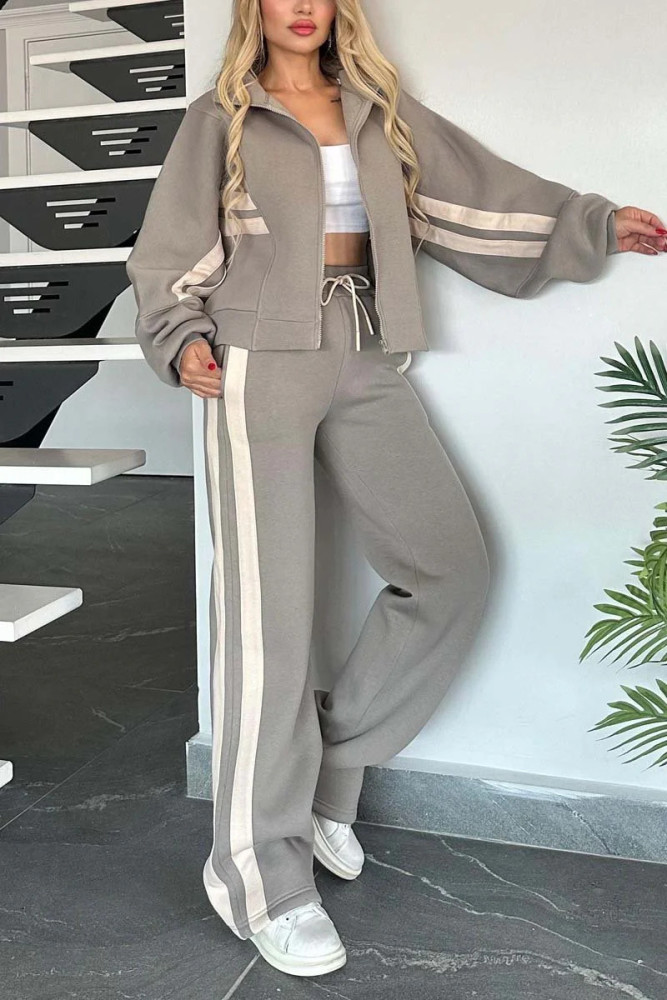 {EAM} 2025 Europe and the United States cross-border Amazon autumn foreign trade Y2K striped zipper top coat casual sports suit DLZ435