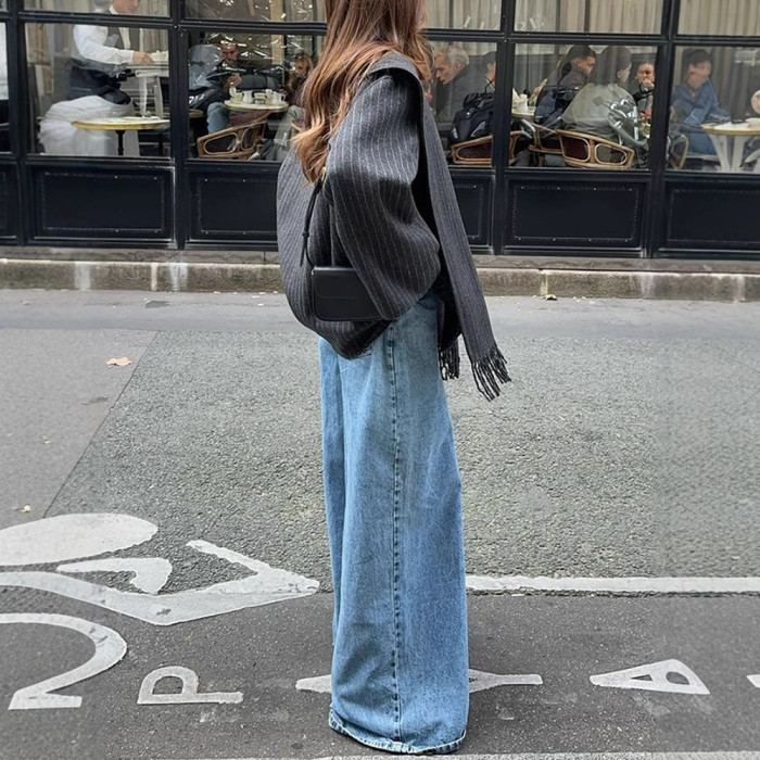 {EAM} Striped suit scarf jacket Europe and the United States cross-border autumn new feminine elegant commuter long-sleeved coat DLZ438