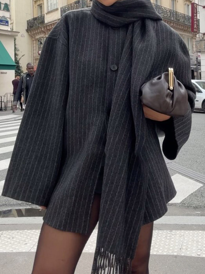 {EAM} Striped suit scarf jacket Europe and the United States cross-border autumn new feminine elegant commuter long-sleeved coat DLZ438