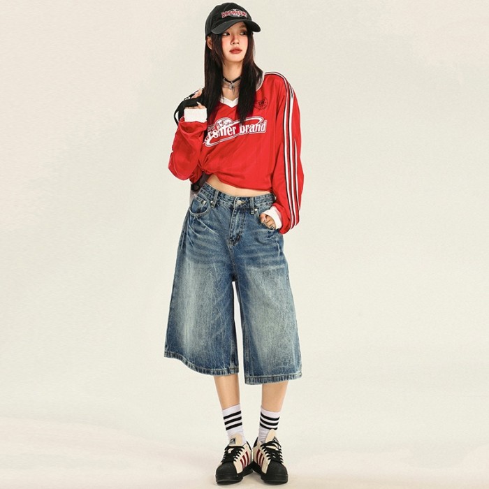 {EAM}American Vintage Loose Denim Shorts Men and Women High Street Straight Leg Solid Color Trousers Casual Versatile Jeans Female DLZ455