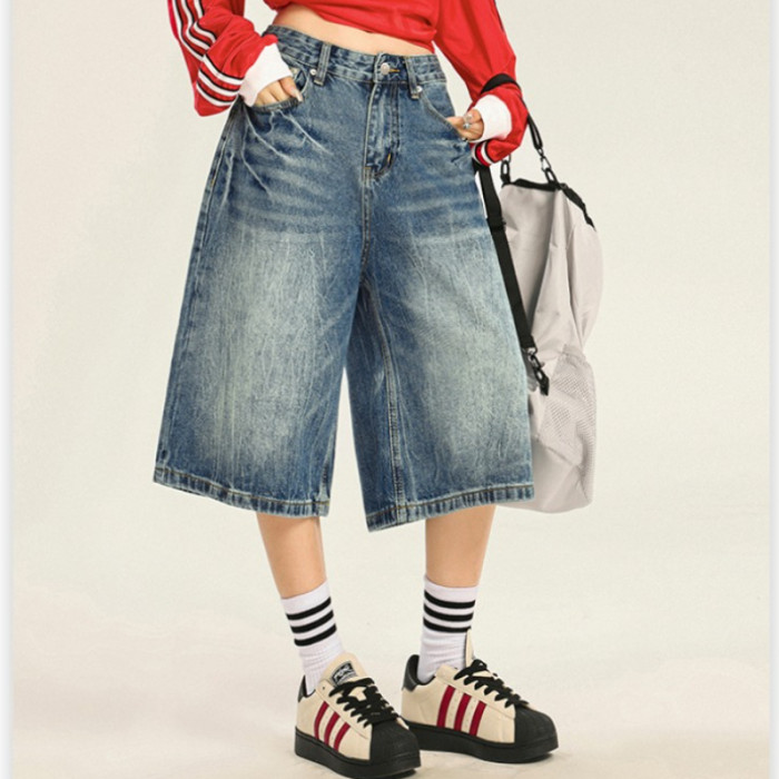 {EAM}American Vintage Loose Denim Shorts Men and Women High Street Straight Leg Solid Color Trousers Casual Versatile Jeans Female DLZ455