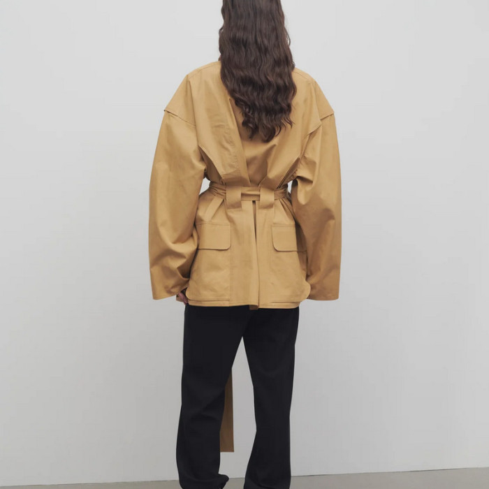 {EAM} 2025 New Asymmetrical Front Drawstring Hood Pocket Workwear With Cotton Jacket Jacket DLZ467