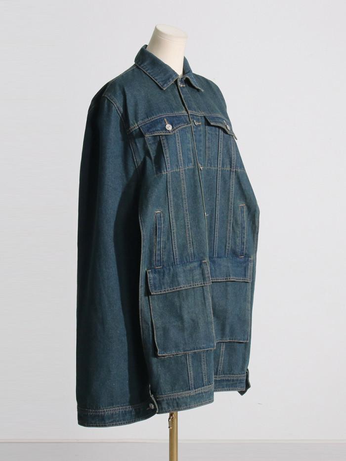 {EAM} GetSpring Women Denim Jacket 2024 Autumn Winter New Fashionable Cape Denim Coat Solid All Match Loose Casual Long Jean Tops DLZ472