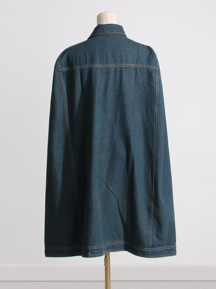{EAM} GetSpring Women Denim Jacket 2024 Autumn Winter New Fashionable Cape Denim Coat Solid All Match Loose Casual Long Jean Tops DLZ472