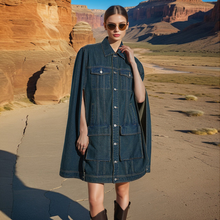 {EAM} GetSpring Women Denim Jacket 2024 Autumn Winter New Fashionable Cape Denim Coat Solid All Match Loose Casual Long Jean Tops DLZ472