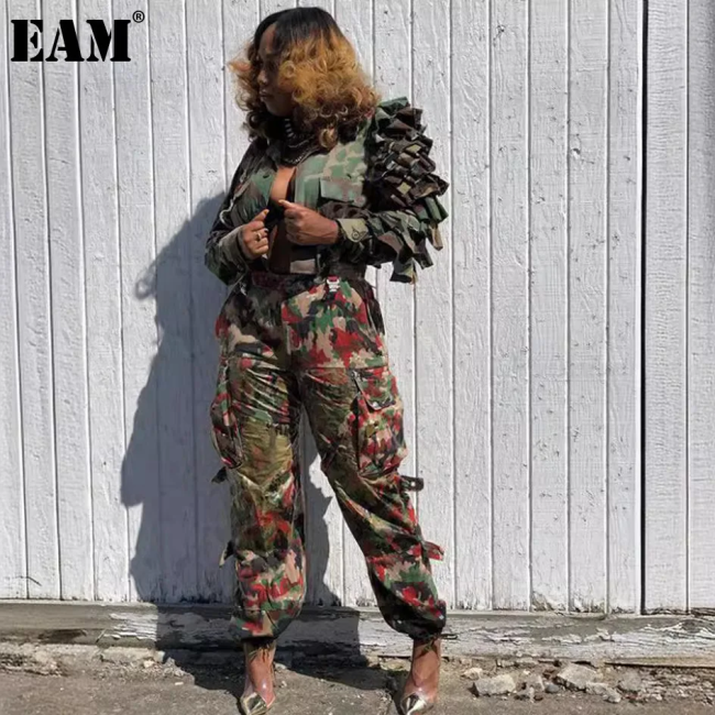 {EAM} Cascading Ruffles Camouflage Print Crop Jackets Top Women Fashion Turn Down Collar Long Sleeve Single Breasted Casual Coats DLZ477