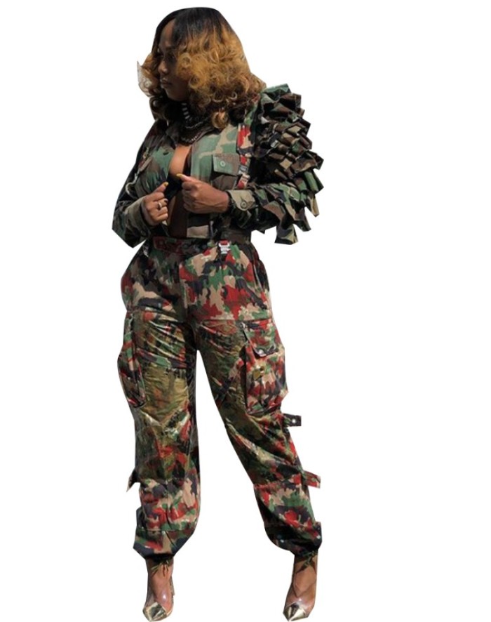 {EAM} Cascading Ruffles Camouflage Print Crop Jackets Top Women Fashion Turn Down Collar Long Sleeve Single Breasted Casual Coats DLZ477