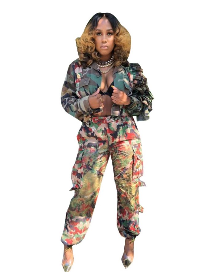 {EAM} Cascading Ruffles Camouflage Print Crop Jackets Top Women Fashion Turn Down Collar Long Sleeve Single Breasted Casual Coats DLZ477