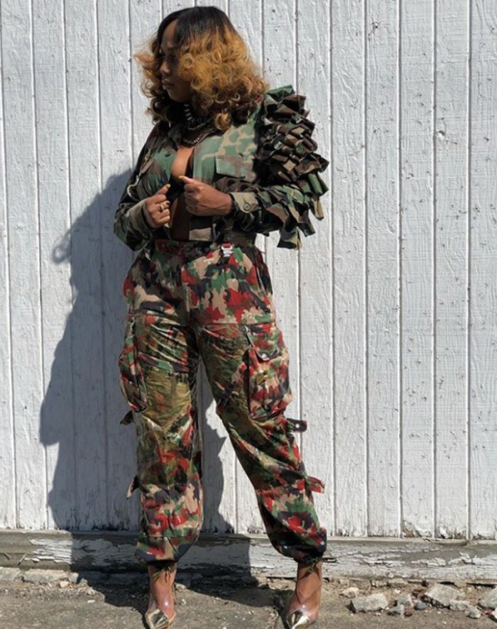 {EAM} Cascading Ruffles Camouflage Print Crop Jackets Top Women Fashion Turn Down Collar Long Sleeve Single Breasted Casual Coats DLZ477