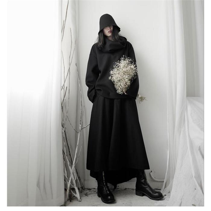 {EAM} Women's Long Sleeve Hoodie Winter New Dark Detachable High Neck Thickening Loose Casual Pullover Fashion Irregular Design DLZ479