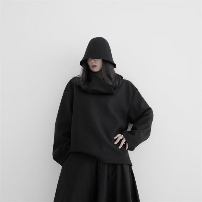 {EAM} Women's Long Sleeve Hoodie Winter New Dark Detachable High Neck Thickening Loose Casual Pullover Fashion Irregular Design DLZ479