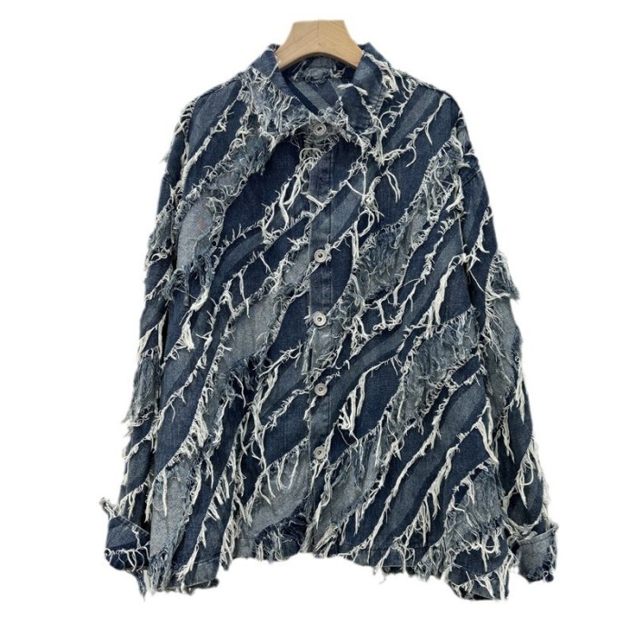 [EWQ] High Street Full Sleeve Frayed Tassel Denim Jacket Contrasting Colors Coats Loose Women Winter Clothes 2024 Autumn 16O1181