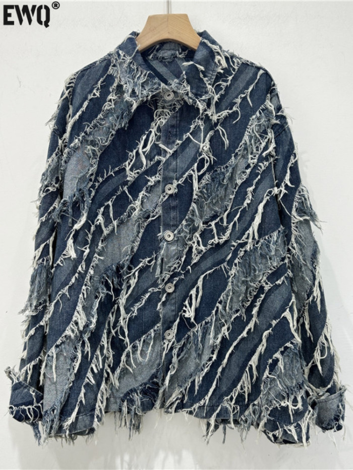 [EWQ] High Street Full Sleeve Frayed Tassel Denim Jacket Contrasting Colors Coats Loose Women Winter Clothes 2024 Autumn 16O1181
