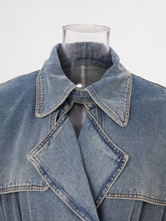 DEAT Fashion Women's Denim Jackets Loose Double Layer Collar Double Breasted Sashes Long Sleeve Overcoat Autumn 2025 New 17A4709