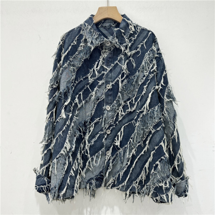 [EWQ] High Street Full Sleeve Frayed Tassel Denim Jacket Contrasting Colors Coats Loose Women Winter Clothes 2024 Autumn 16O1181