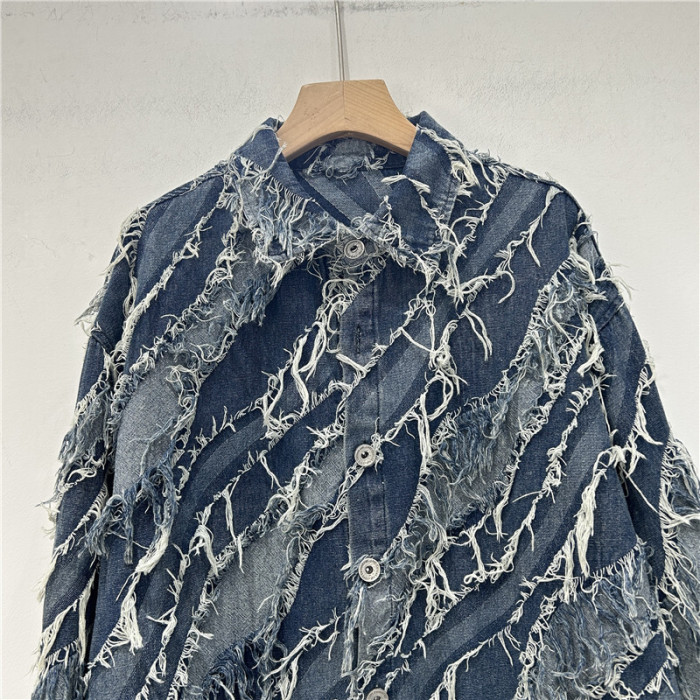 [EWQ] High Street Full Sleeve Frayed Tassel Denim Jacket Contrasting Colors Coats Loose Women Winter Clothes 2024 Autumn 16O1181