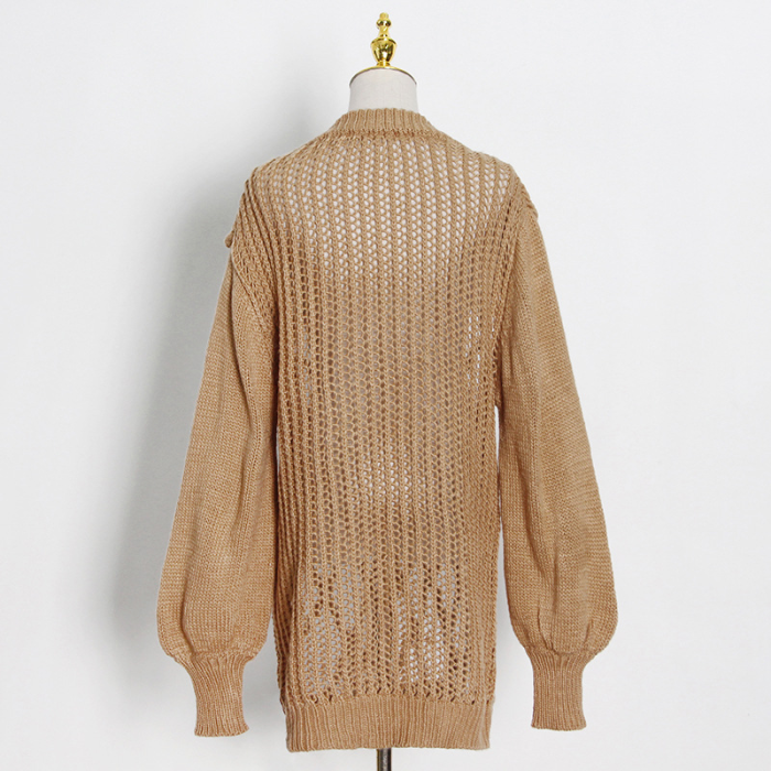 {EAM} 2025 Autumn Trendy Fashion Show Design Sense V-neck Personalized Mesh Hollow Lantern Sleeve Loose Knitted Sweater for Women DLZ48504