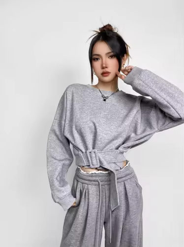 Modigirl Winter Fall Women's Sweatshirts Tops 2025 Gray Belt Buckle Round Neck Long Sleeves Hoodies Pullovers Female Spring DLZ25102