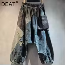 DEAT Women's Fashion Patchwork Elastic Waist Pocket Pants  Loose High Street Denim Trousers Female Trend 2024 Winter New DLZ005