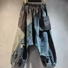 DEAT Women's Fashion Patchwork Elastic Waist Pocket Pants  Loose High Street Denim Trousers Female Trend 2024 Winter New DLZ005