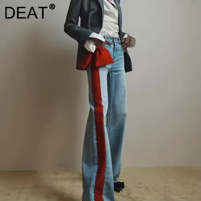 DEAT Fashion Contrast Color Bow Jeans Women's High Waist Versatile Slim Straight Casual Denim Pants Tide New 7AB8214