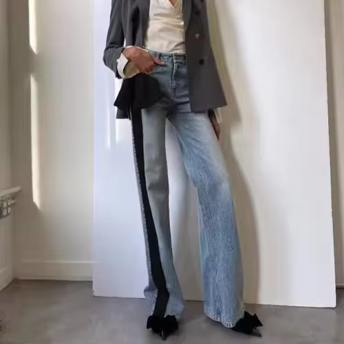 DEAT Fashion Contrast Color Bow Jeans Women's High Waist Versatile Slim Straight Casual Denim Pants Tide New 7AB8214