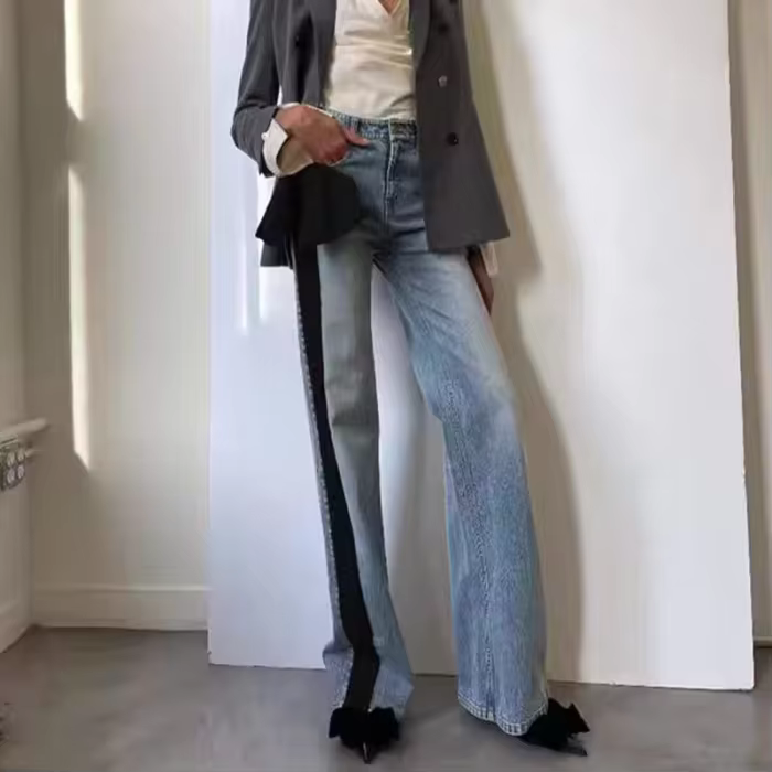 DEAT Fashion Contrast Color Bow Jeans Women's High Waist Versatile Slim Straight Casual Denim Pants Tide New 7AB8214