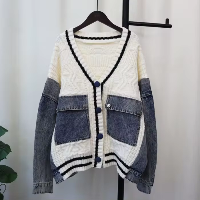 DEAT 2024 Winter New Items Fashion Denim Patchwork Knitted Cardigan V-neck Loose Causal Versatile Tops Female Trendy 33A2219