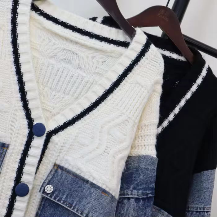 DEAT 2024 Winter New Items Fashion Denim Patchwork Knitted Cardigan V-neck Loose Causal Versatile Tops Female Trendy 33A2219
