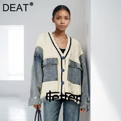 DEAT 2024 Winter New Items Fashion Denim Patchwork Knitted Cardigan V-neck Loose Causal Versatile Tops Female Trendy 33A2219