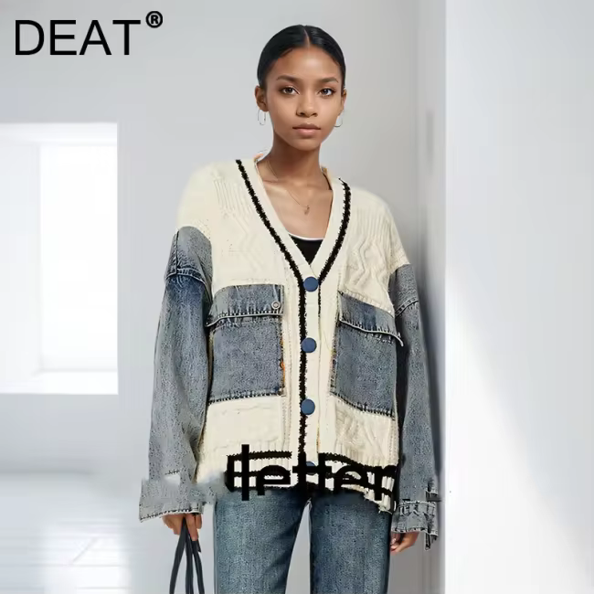 DEAT 2024 Winter New Items Fashion Denim Patchwork Knitted Cardigan V-neck Loose Causal Versatile Tops Female Trendy 33A2219
