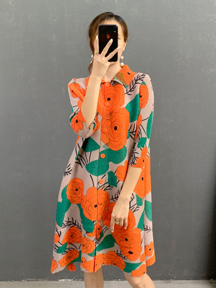DEAT elegant dress contrast color flower print short sleeve loose turn collar women's dresses 2025 spring new fashion DLZ1101